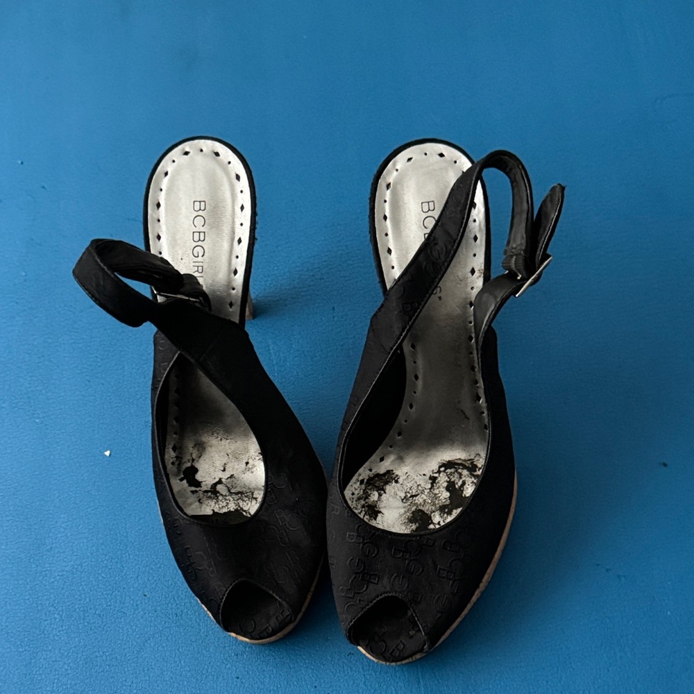 BCBG Elegant Black Peep-Toe Slingback Heels